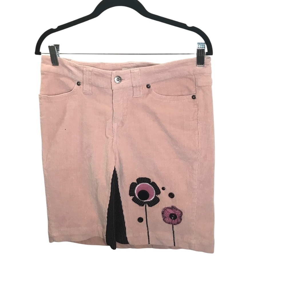 Liquid Jeans Pink Corduroy Mini Skirt Floral Embroidered Front Slit Size 7